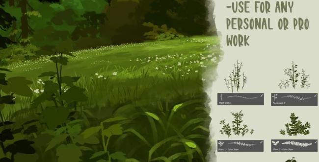 Foliage and grass Procreate brush set preview with realistic textures