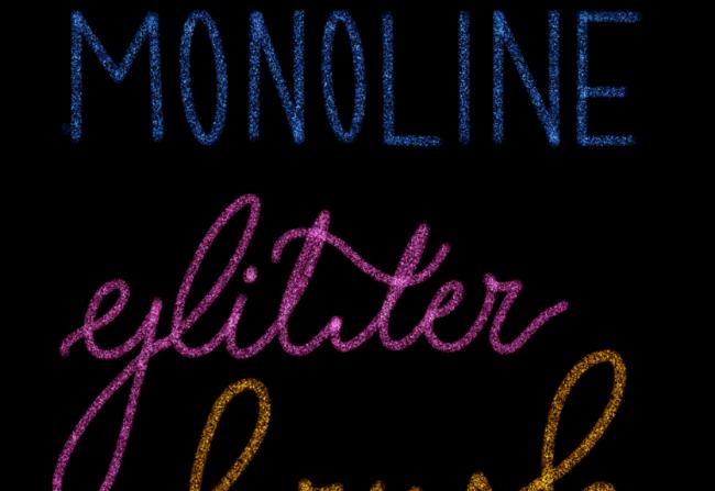 Monoline glitter brush for Procreate showing sparkly text effects on dark background