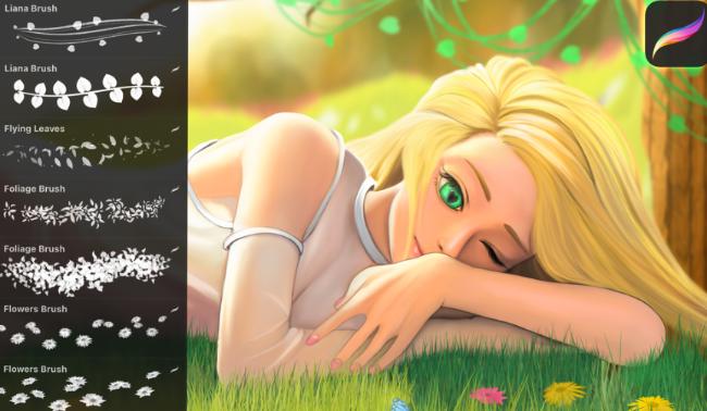 Spring-themed Procreate brushes with flowers and grass