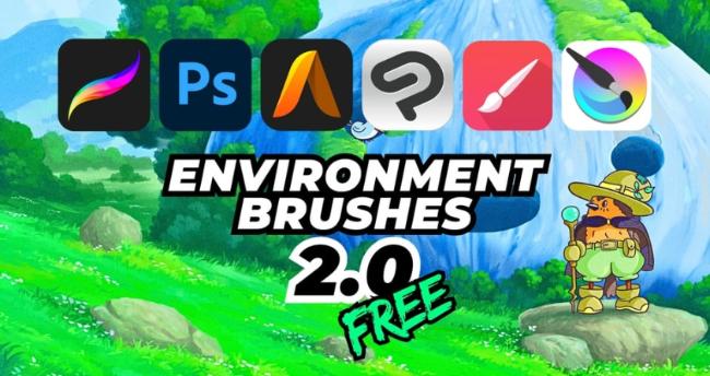 Environment brushes for Procreate featuring grass, trees, and rocks