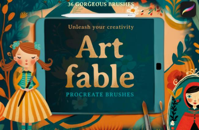 ArtFable Procreate brush collection featuring artistic gouache brushes and creative painting tools for digital illustration